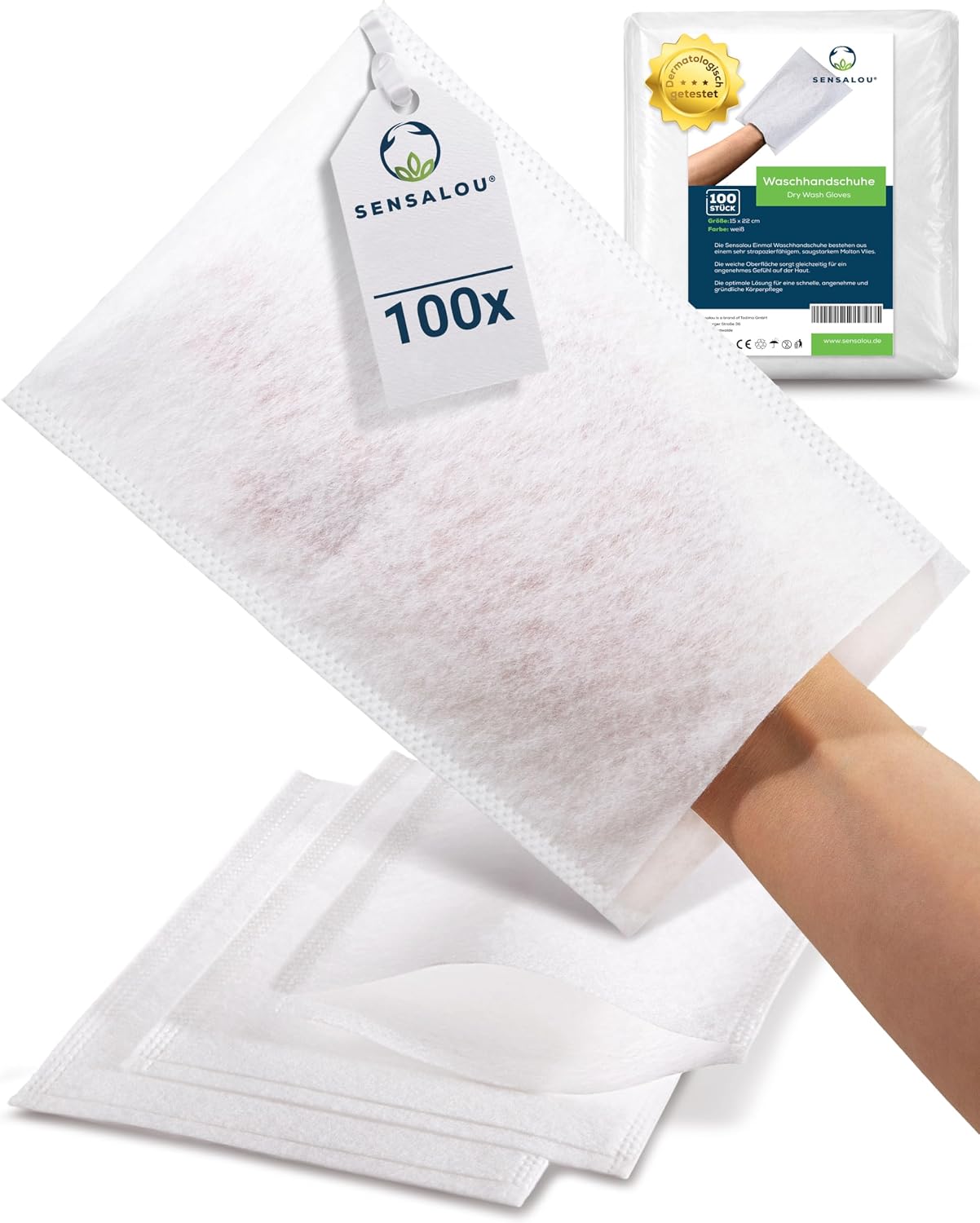 Sensalou Disposable Wash Gloves Waterproof 100 Pack 12 x 22 cm - Intimate Washcloth Mitt Microfibre Non Woven - Soft and Tear Resistant for Adults Baby Children Travel Camping Festival White