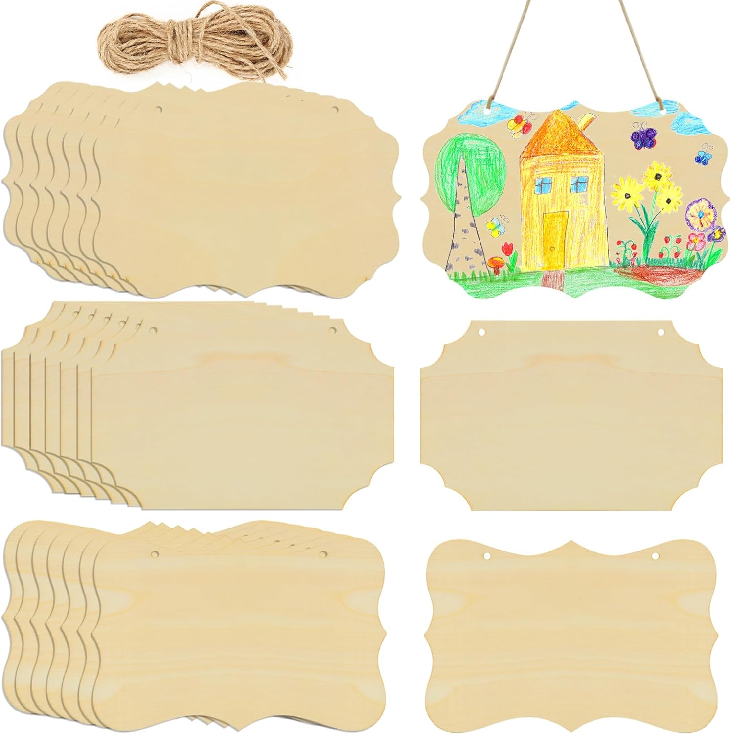 RYKOMO 24 Pieces Unfinished Hanging Wood Sign Blank with Ropes, 5.7X8.9 Inch Rectangle Blank Wood Sign Wooden Plaques for Crafts