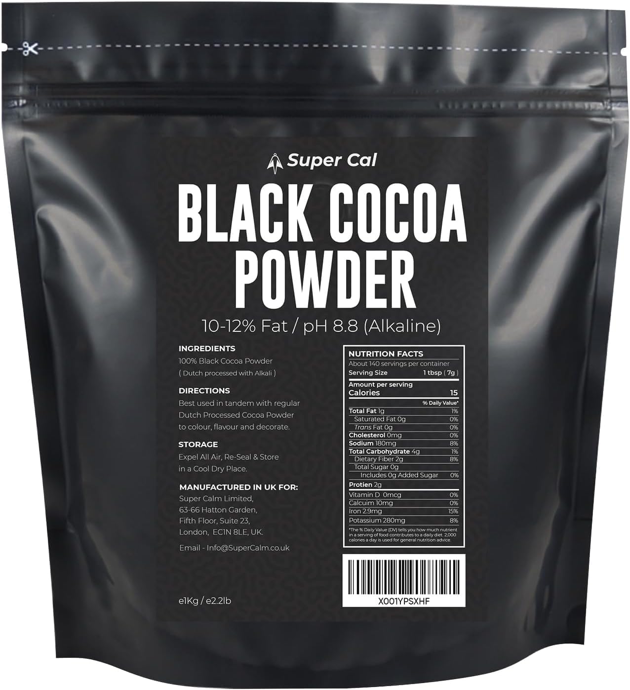 Black Cocoa Powder for Baking - 1kg Pouch | Intense Deep Black Dutch Processed Unsweetened Cocoa Powder | pH 8.8 (Zero Bitterness) with 10-12% Fat | Super Cal (Pack of 2)