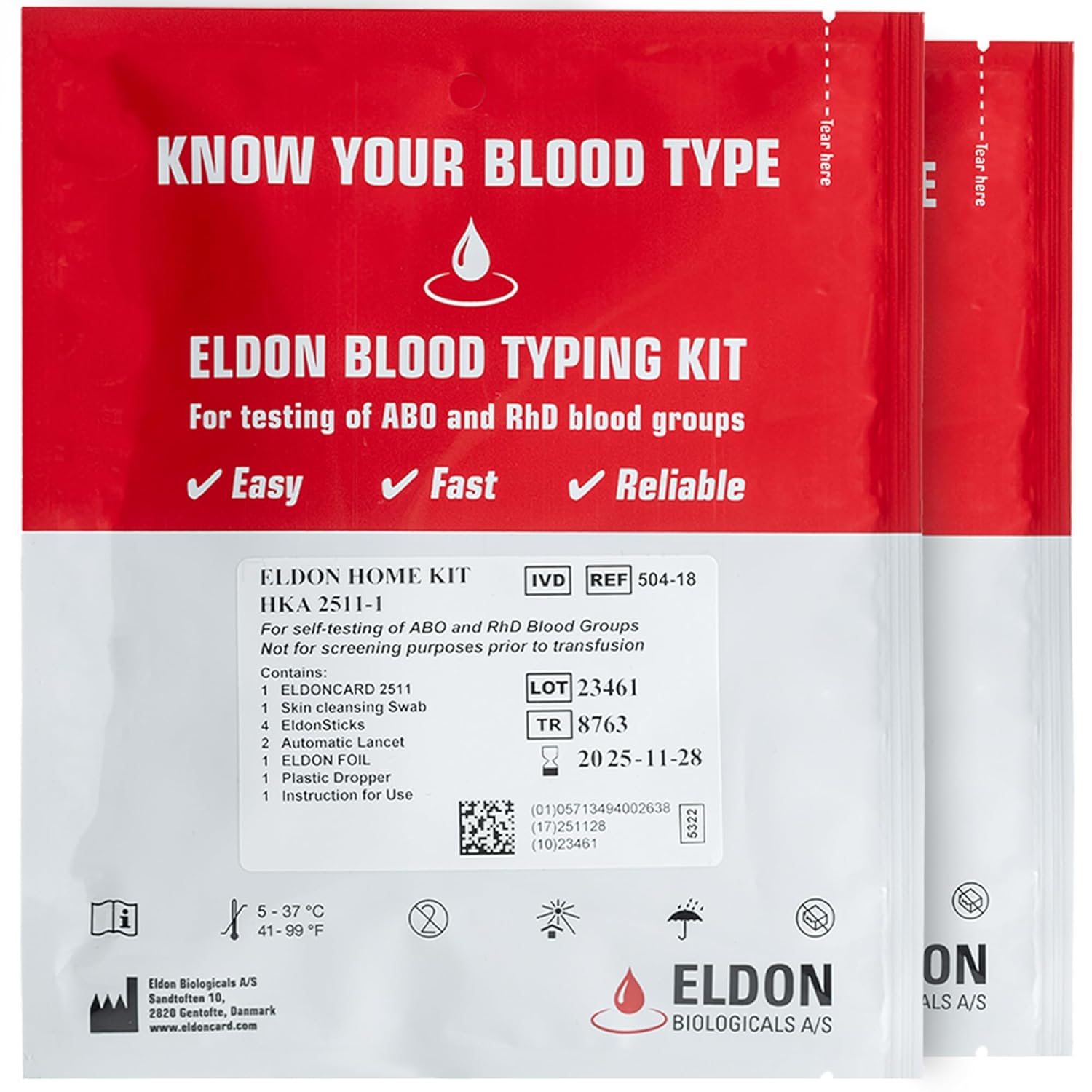 Eldoncard Blood Typing Kit, 2 Test Pack, Know Your Blood Type, Accurate Instant Home Testing, Determine A, O, B, Rhs-D Negative & Positive Groups