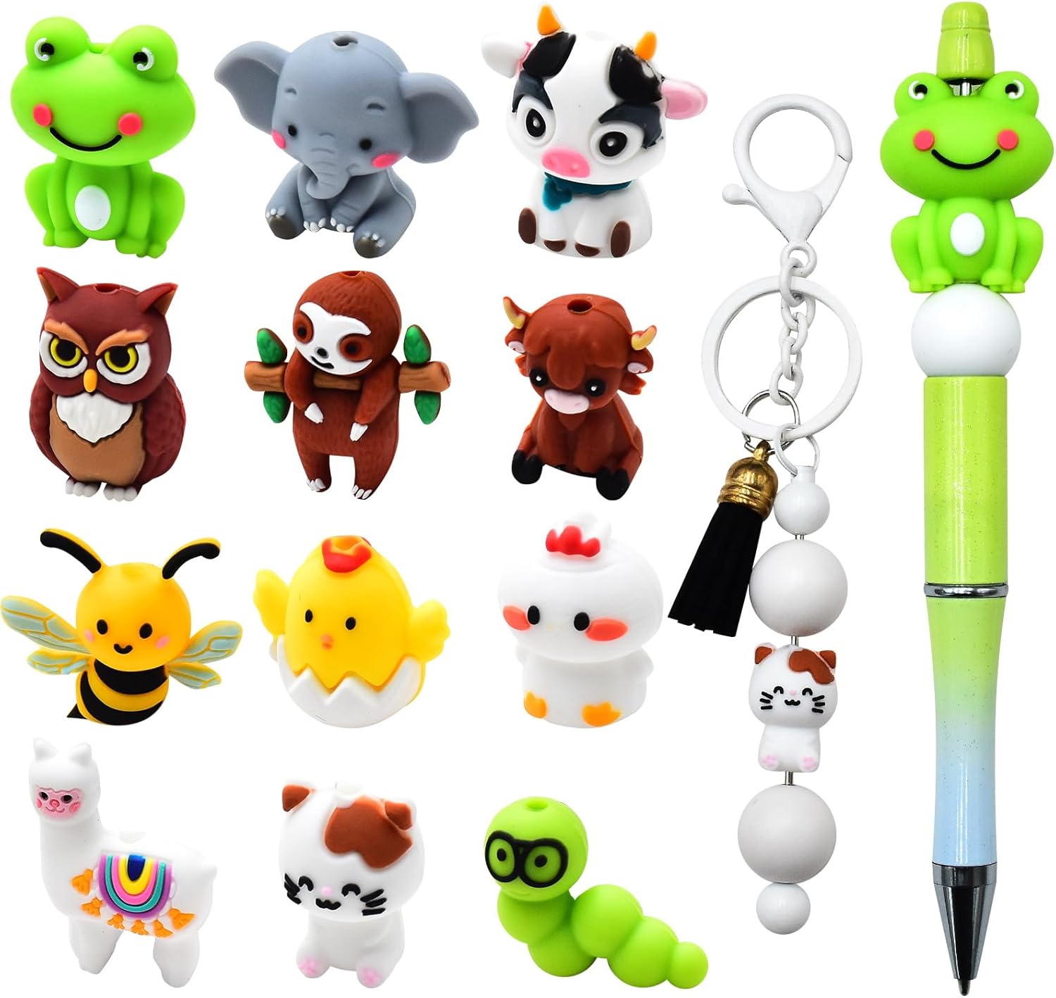 3D Animal Silicone Beads for Keychain Making, 12 PCS Silicone Focal Beads for Pen, Loose Beads for Bracelet Necklace Lanyard Jewelry and Handmade Crafts Making