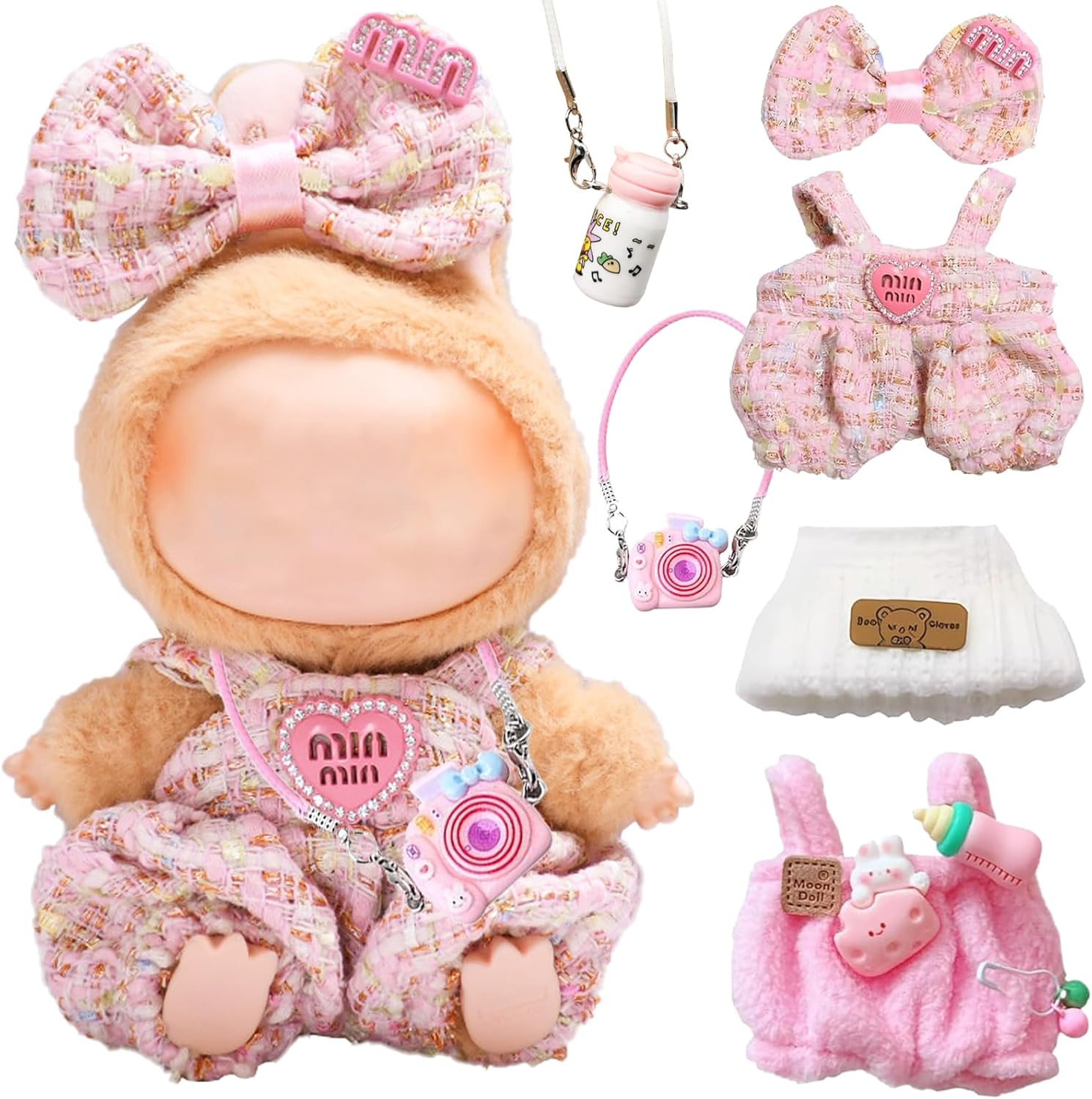 6 Pcs Dolls Clothes & Accessories for Labubu, Includes Pink Overalls Bow Hair Clip Camera Bag Hat for Girls Kids Birthday, Girl's Birthday Gift for 17cm Dolls