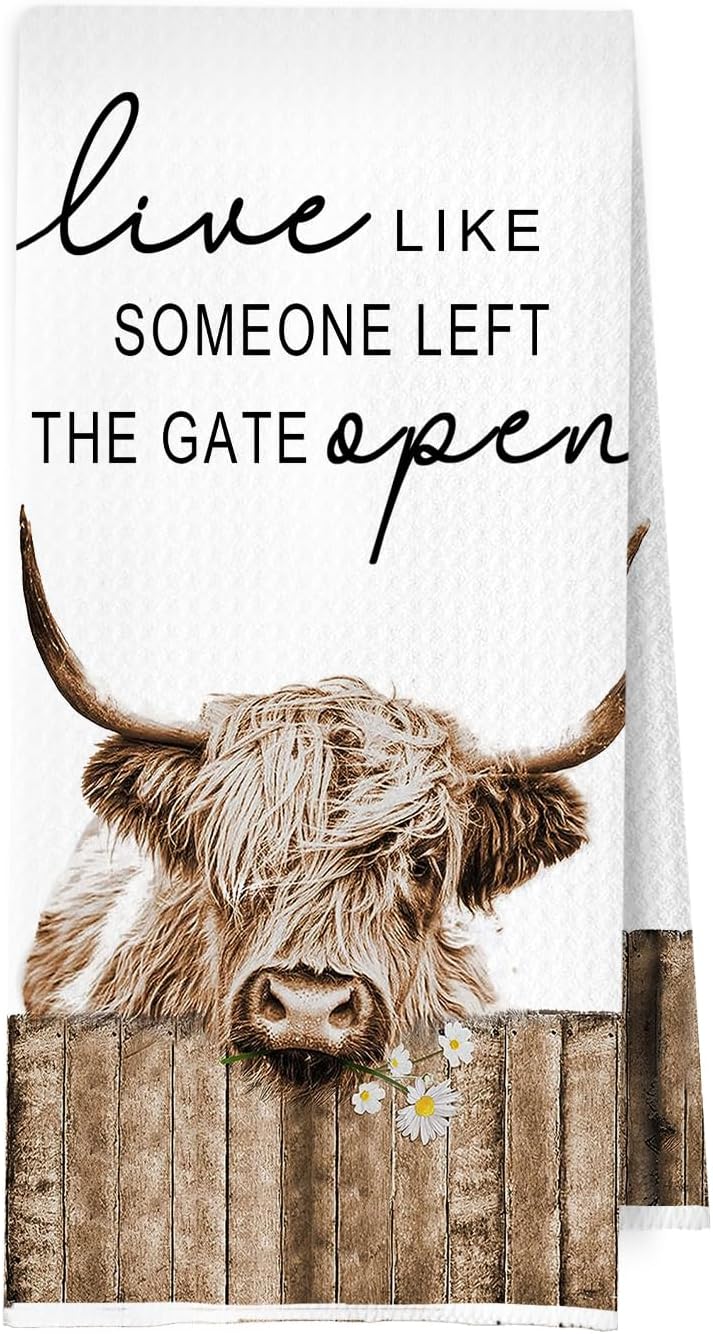 Highland Cow Live Like Someone Left The Gate Open Kitchen Towels, Farmhouse Rustic Highland Cow Dish Towels for Kitchen Drying, Farm Animal Decorative Hand Towels for Bathroom, 16x24 Inch
