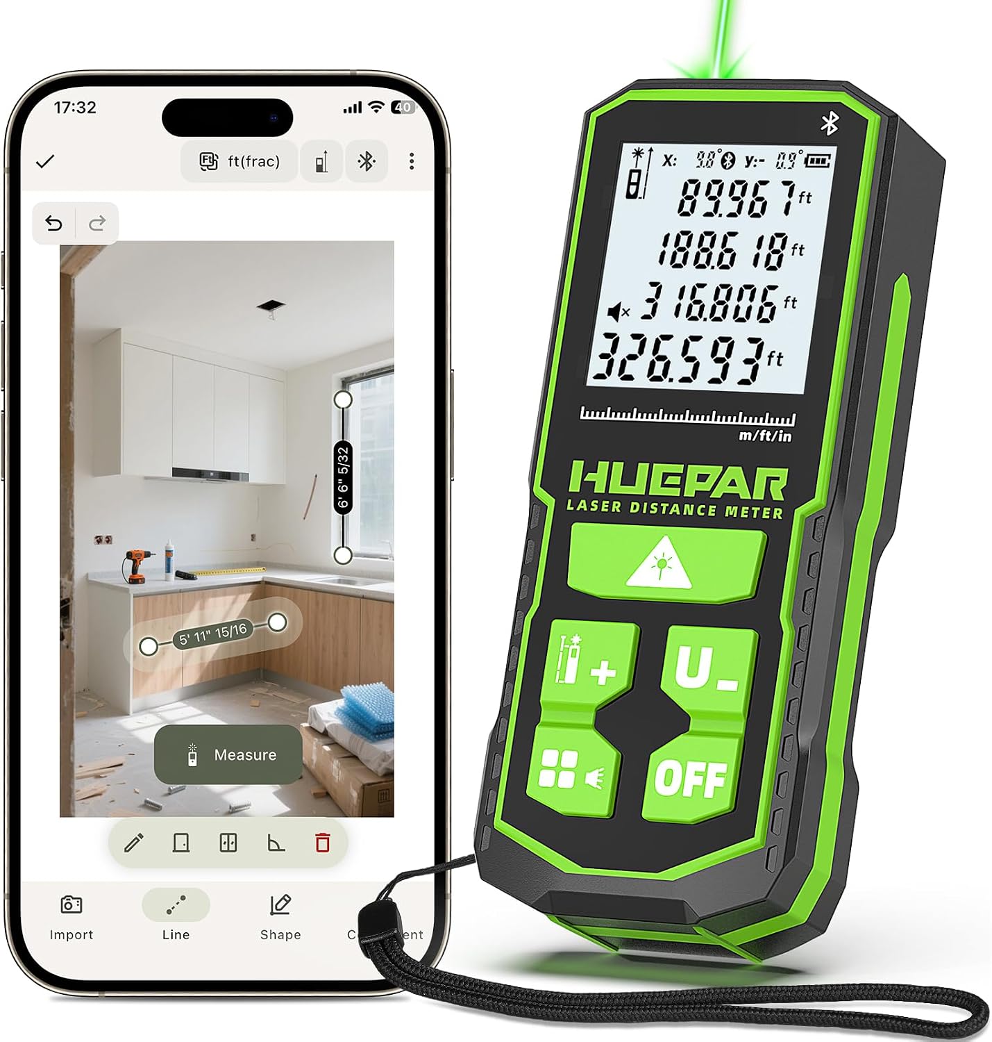 Huepar 330Ft Green Laser Measuring Tool with Bluetooth APP Control | 5 Years Warranty, USB-C, ±1/16" High Accuracy, Pythagorean Modes, Angle Sensor, IP54, for Home & Construction, Point to Point