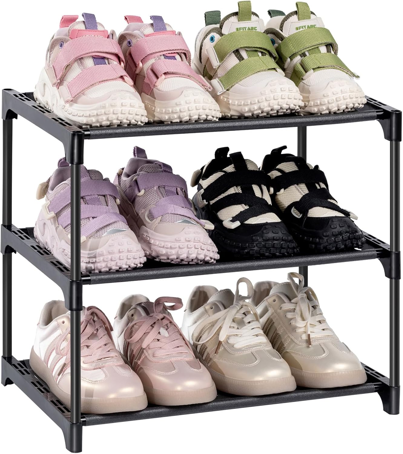 Small Shoe Rack Black 3 Tier, Dust Proof Fabric Shoe Racks Storage for 6 Pairs of Shoes, Stackable Small Show Rack for Narrow Space, Hallway, Bedroom