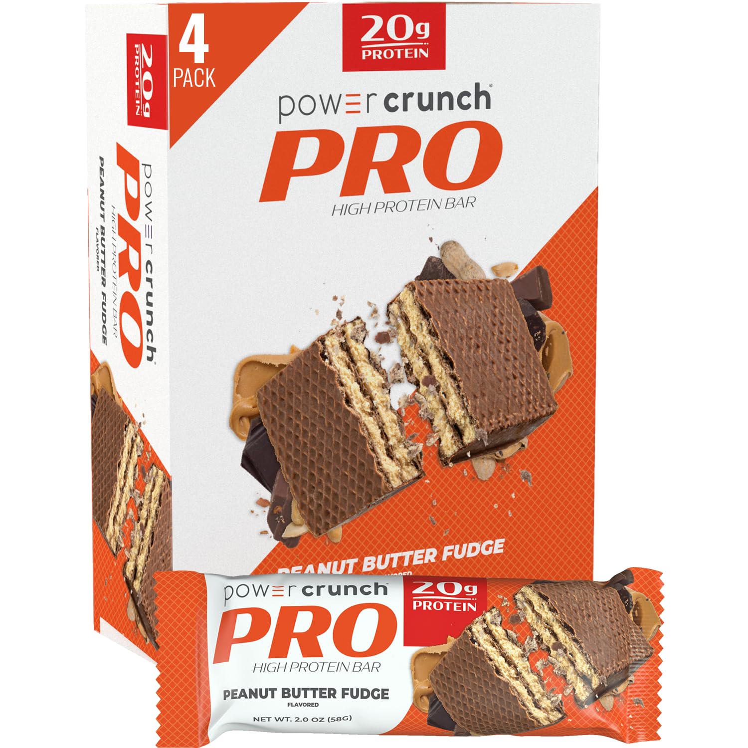 Power Crunch PRO Protein Wafer Bars, High Protein Snacks with Delicious Taste, Peanut Butter Fudge, 2.0 Ounce (4 Count)