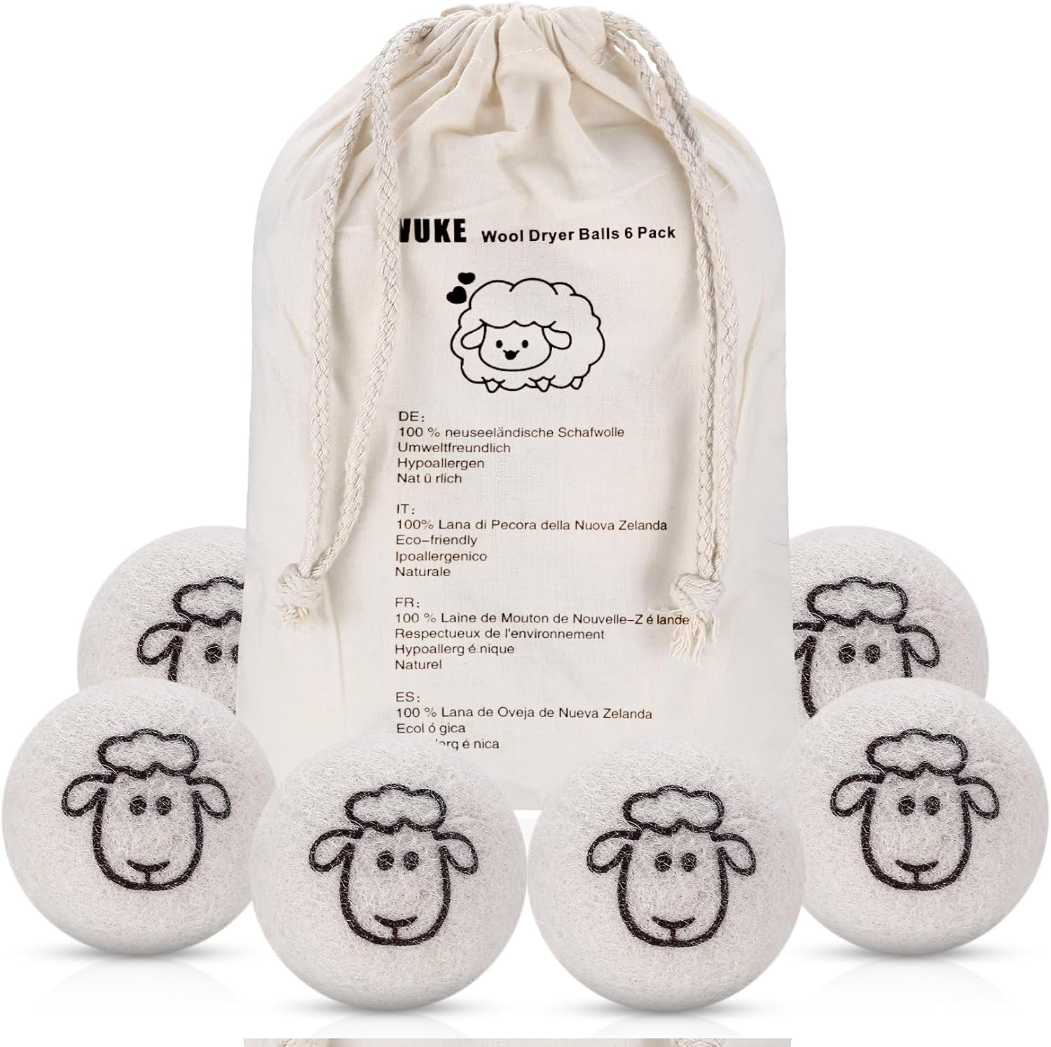 6 Pcs Wool Tumble Dryer Balls for Laundry UK, Wool Dryer Balls for Laundry Fabric Softener & Save Energy & Reduce Wrinkles, New Zealand Sheep Wool Drying Balls for Tumble Dryer, with Storage Bag