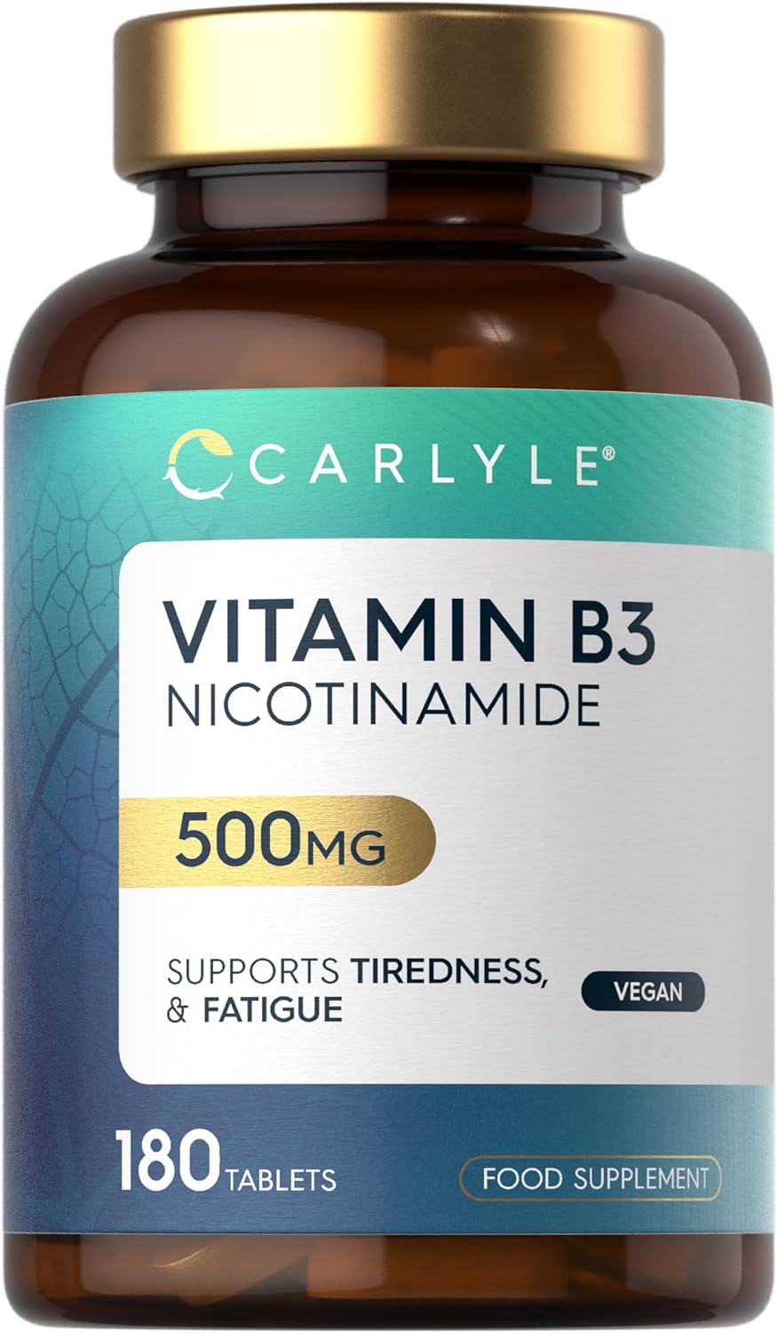 Vitamin B3 Nicotinamide 500mg | 180 Vegan Tablets | High Strength Niacin as Nicotinamide | Suitable for Vegetarians and Vegans | No Artificial Preservatives | by Carlyle