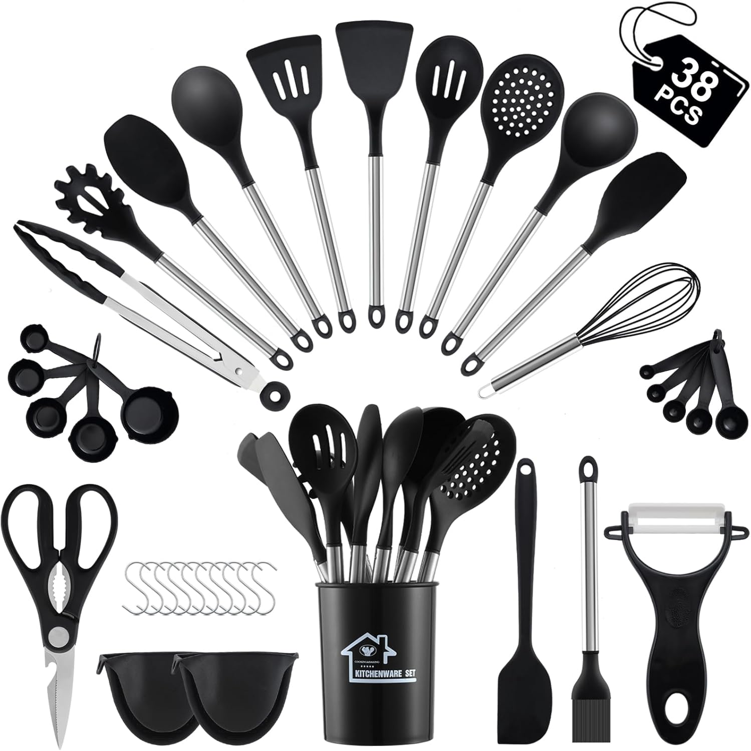38 Pieces Kitchen Utensils Set, BEWOS Silicone Cooking Utensils Set with Spatula, Utensil Holder and Measuring Spoons, Nonstick Heat Resistant, Black Kitchen Gadgets, Stainless Steel Handle