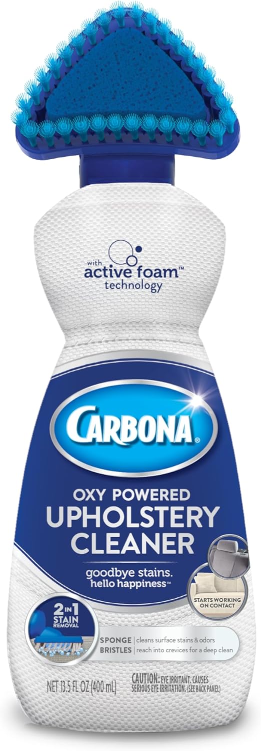 Carbona Upholstery Cleaner with Built-In Brush | Oxy-Powered Formula with Active Foam Technology for Stains & Odor Removal | 2-in-1 Applicator for Couches, Car Seats, Mattresses, and More | 13.5 Fl Oz