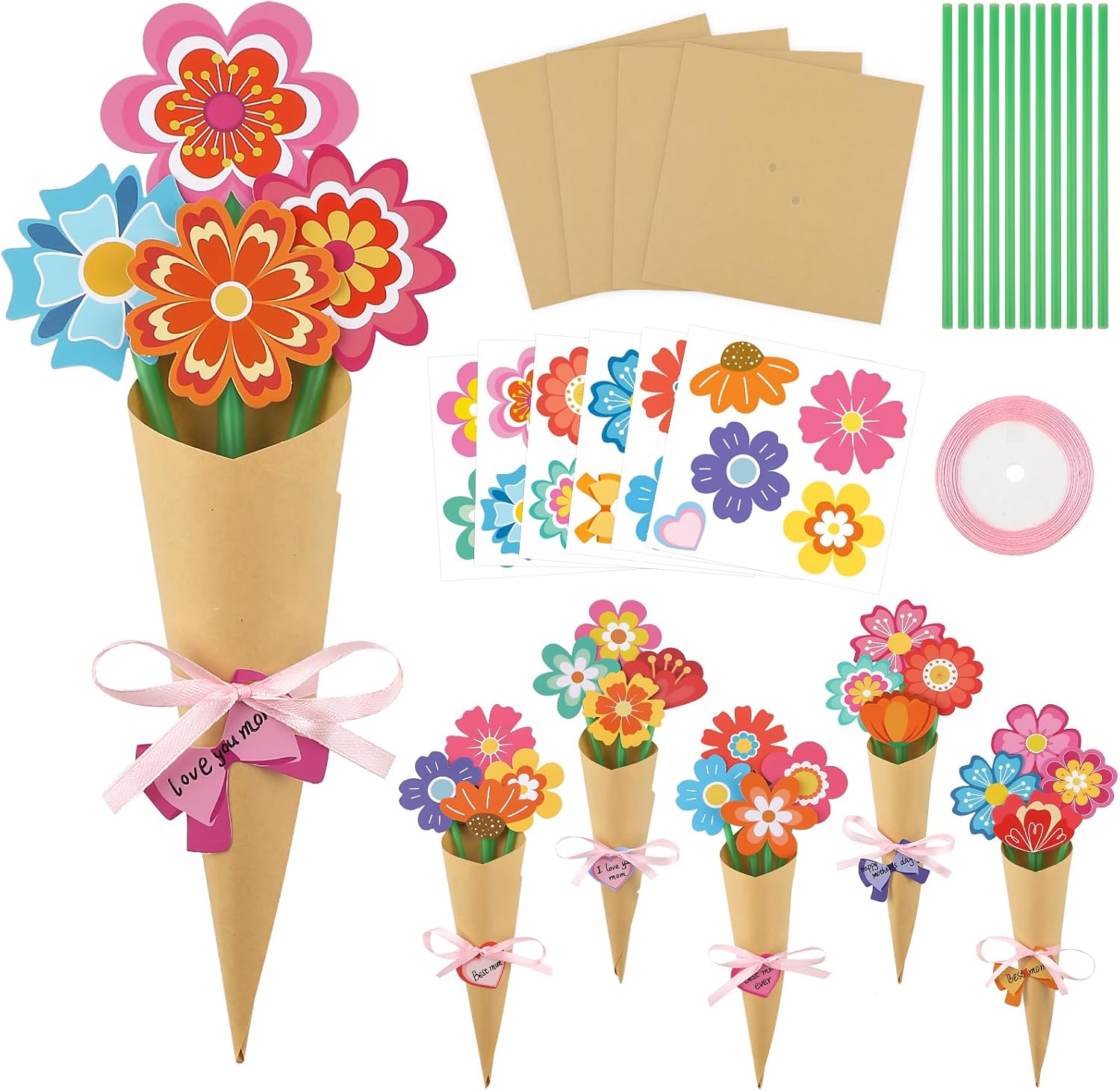 COCHIE DIY Flower Bouquet Craft Kit Set of 24, Mother's Day Teacher Appreciation Gift, Make Your Own Paper Bunch of Flowers Spring Classroom Activities Party Decorations Home Art Projects (Bouquet)