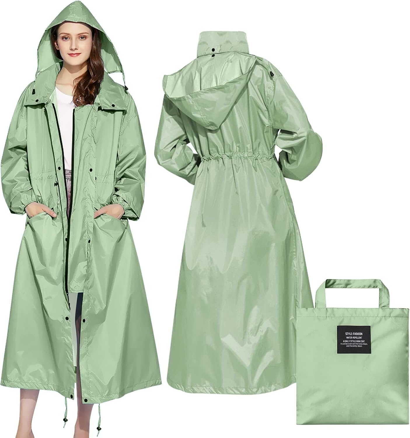 LAMA Womens Long Raincoats Rain Jacket Waterproof Packable Hooded Windbreaker Lightweight Adjustable Waist for Outdoor