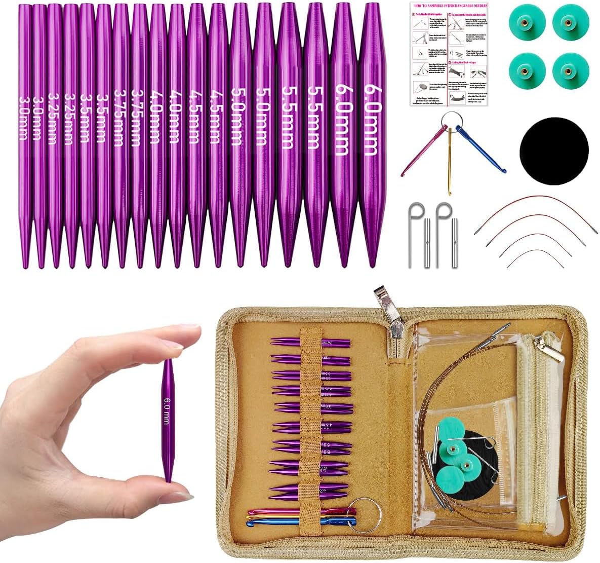 Knitiss Interchangeable Circular Knitting Needles Set, 9 Pairs of 5.5cm/2.17 inch Short Knitting Needles from 3.0~6.0mm, Interchangeable Needles with 4 Cables, Shorty Needles for Socks or Sleeves