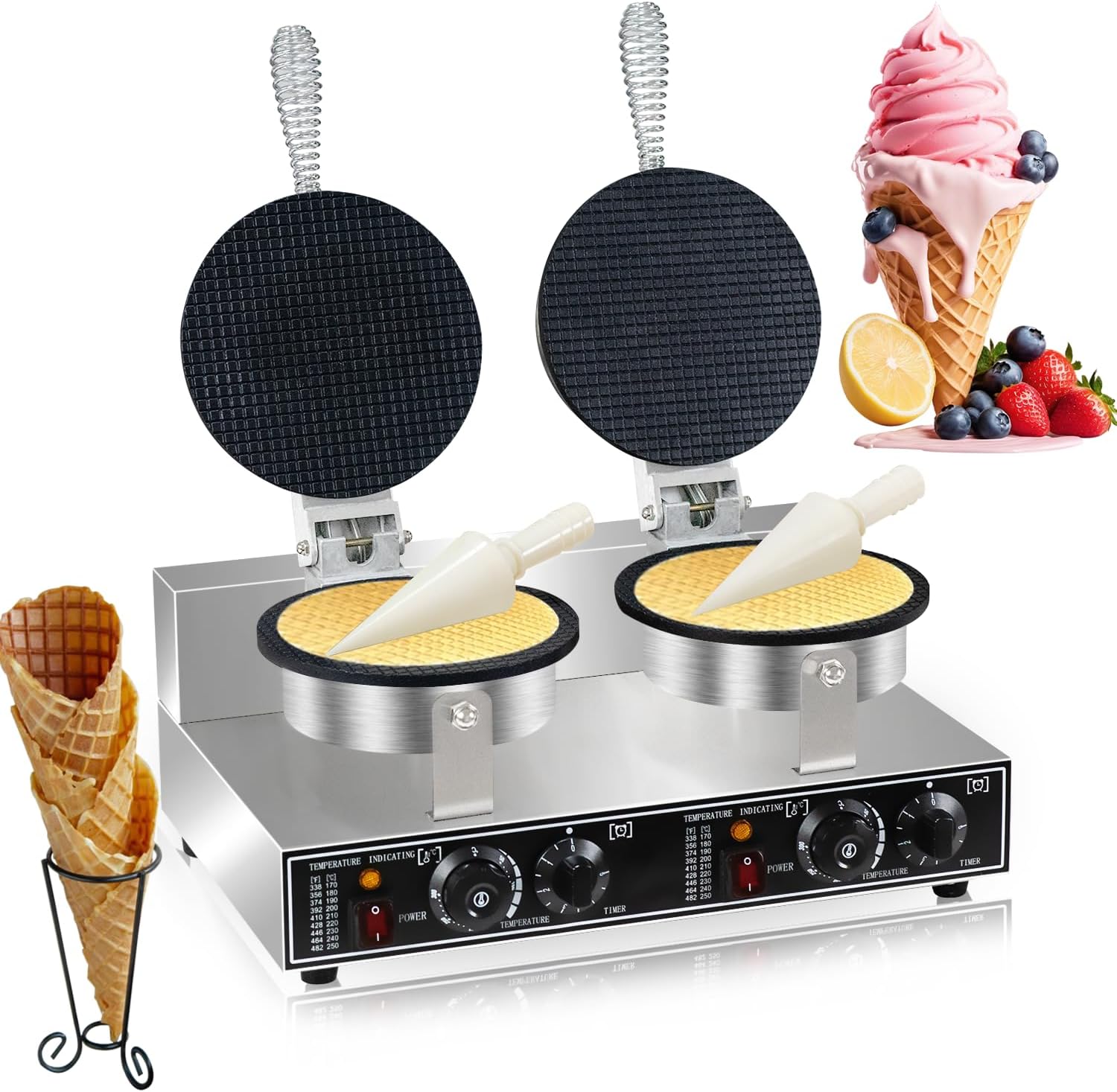 Waffle Cone Maker Commercial 2600W Professional Ice Cream Cone Waffle Maker Machine, Electric Commercial Waffle Cone Maker Machine With Temp & Time Control for for Restaurant Bakery Snack Bar Family