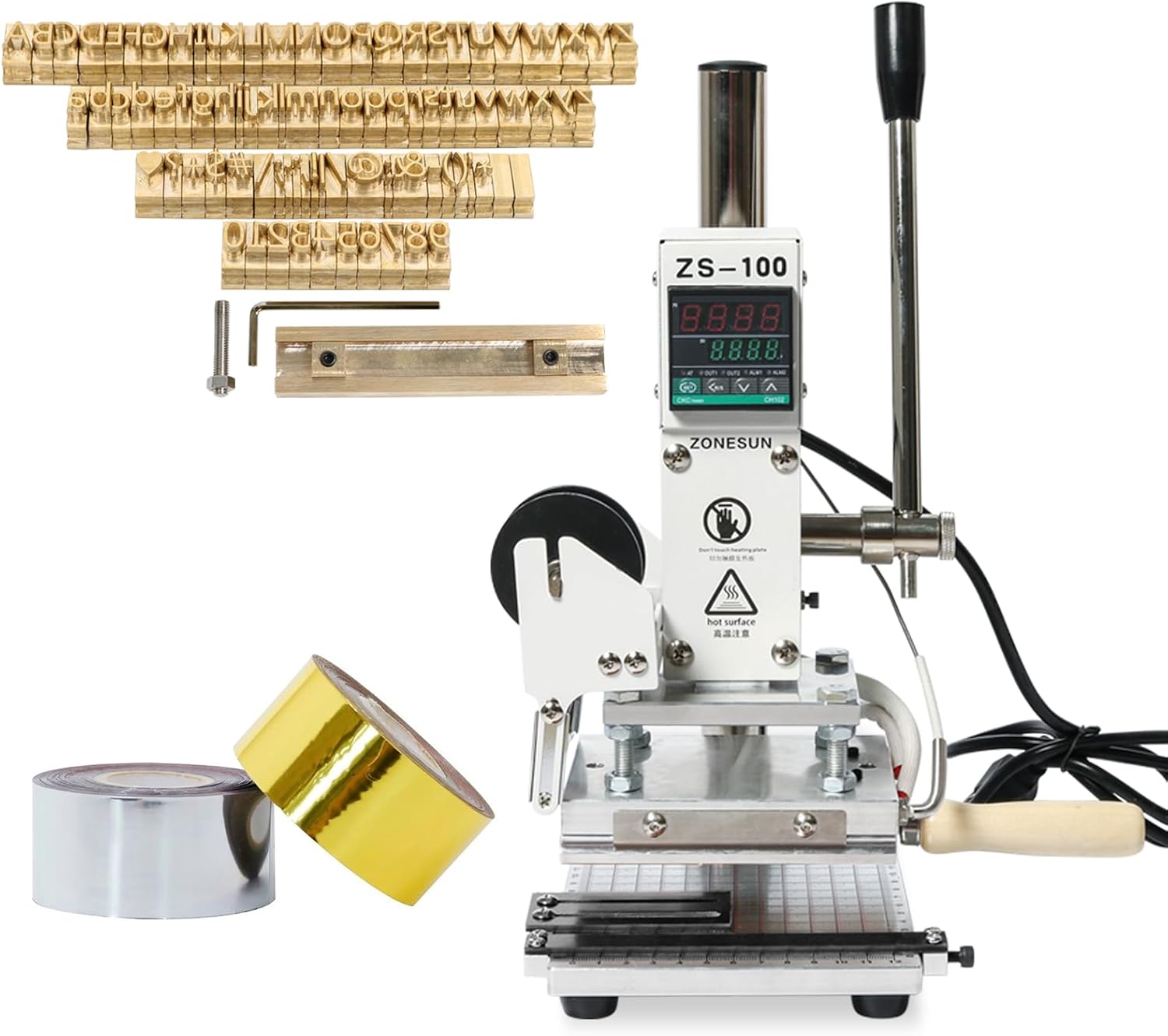 ZONEPACK Digital Embossing Hot Foil Stamping Machine Manual Tipper Stamper Heat Press Machine for PVC Leather Pu and Paper with Holder (Machine with MEB)