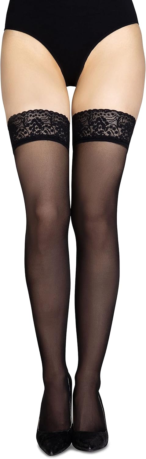 LORES Italian Sheer Thigh-High Hold Up Stockings with Lace Top and Double Invisible Silicone 30 DEN
