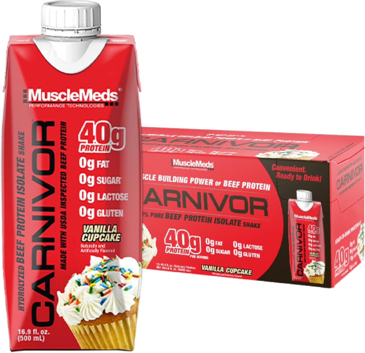 MuscleMeds Carnivor RTD, Ready to Drink Protein, Lactose Free, Sugar Free, 40g Isolate Protein, Muscle Building, Recovery, Vanilla Cupcake, 16.9 Fl Oz, Liquid (Pack of 12)