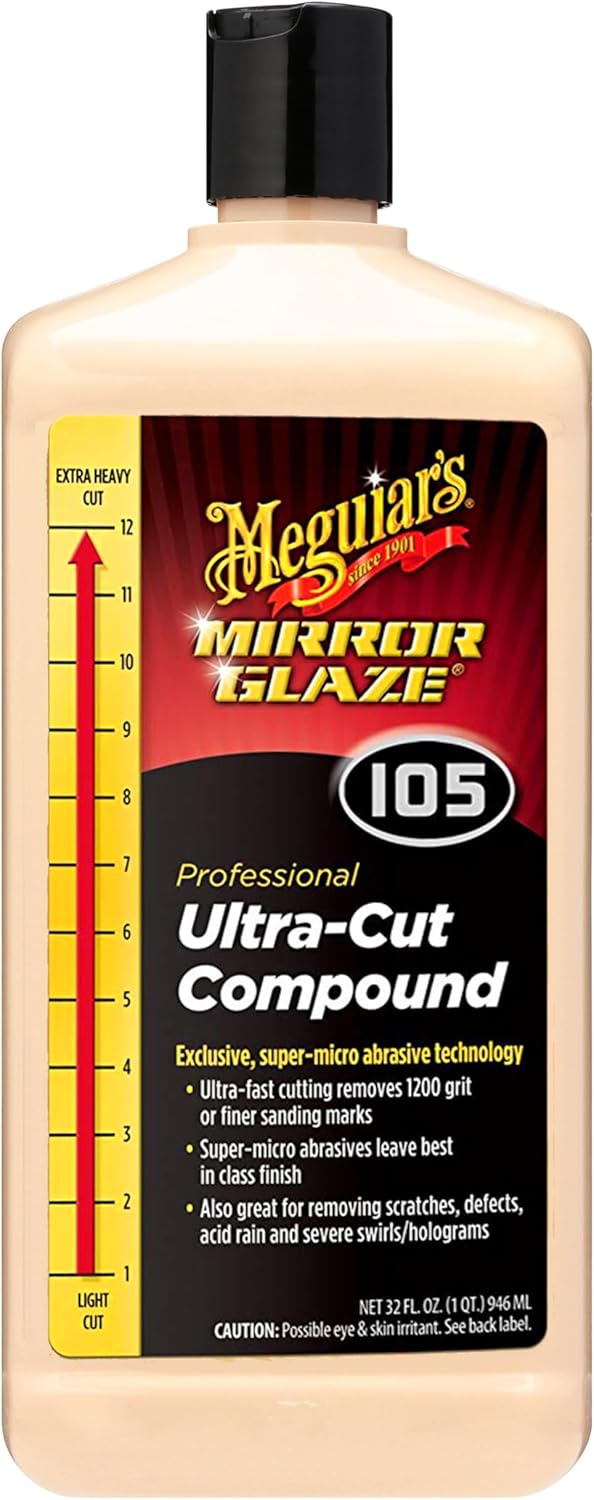 Meguiar’s Mirror Glaze M105 Ultra-Cut Compound, Car Rubbing Compound for Removing Scratches and Heavy Swirls While Adding Shine, Safe and Effective on All Glossy Car Paint and Clear Coats, 32 oz