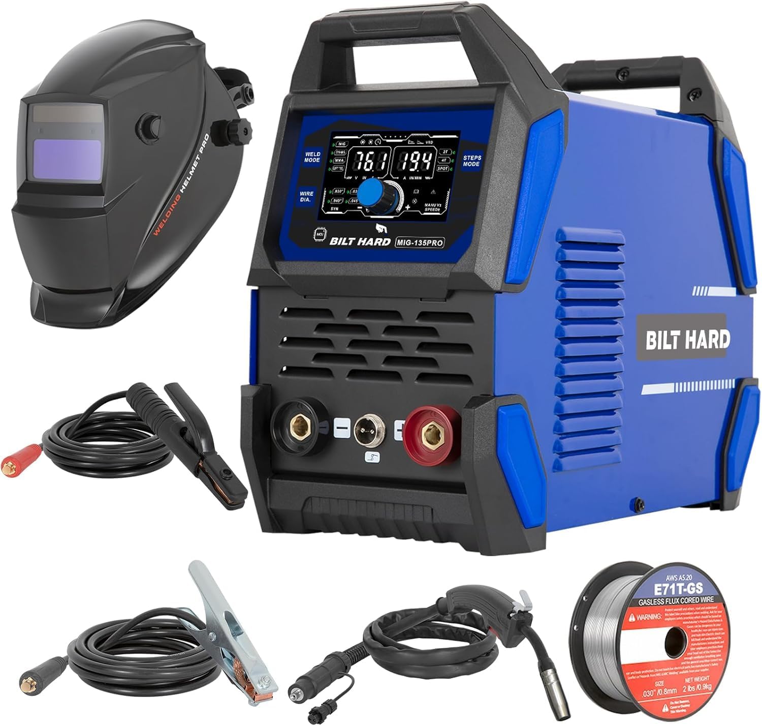 BILT HARD 135A 3-in-1 IGBT Inverter Welder, 110V Flux Core MIG/Lift TIG/Stick Welding Machine with Synergic Control, LED Display, 2T/4T/SPOT Modes & Full Kit (Solar Helmet)