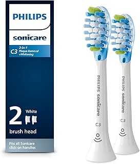 Philips Sonicare C3 2-in-1 Plaque Removal+Whitening Brush Heads, Genuine Replacement Toothbrush Heads, White, 2 Pack, HX9042/65