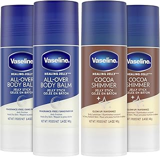 Vaseline Lotion Bundle, Cocoa Shimmer Jelly Stick Highlighter & Luminizer + All Over Body Balm Stick, Vaseline Cocoa Butter, Body Balm Skin Care Set, Petroleum Jelly for Dry Skin (4 Piece Set)