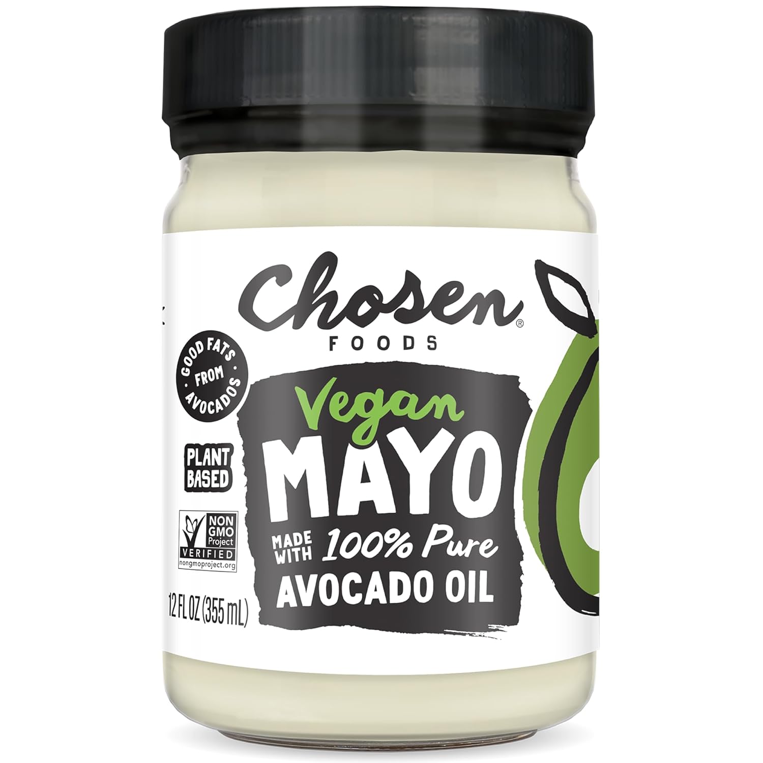 Chosen Foods Classic Vegan Avocado Oil-Based Mayonnaise, Gluten & Dairy Free, Low-Carb, Keto Diet Friendly, Mayo for Sandwiches, Dressings and Sauces (12 fl oz)
