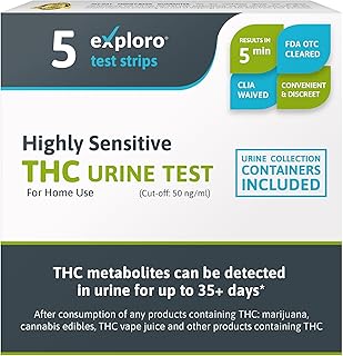 Exploro Highly Sensitive at Home Marijuana Drug Test Kit, THC Drug Test Kit Marijuana/Weed, THC Drug Test Urine, Easy Home Drug Test Marijuana/THC Substance Abuse, 5 THC Test Strips + Cups, 50 ng/ml