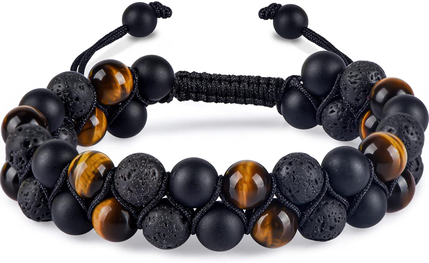 Triple Protection Bracelet for Men Women, Genuine Premium Tiger Eye Black Onyx and Lava Rock 8mm Handmade Bead Bracelet Healing Crystal Protection Bracelets Bring Luck and Prosperity and Happiness