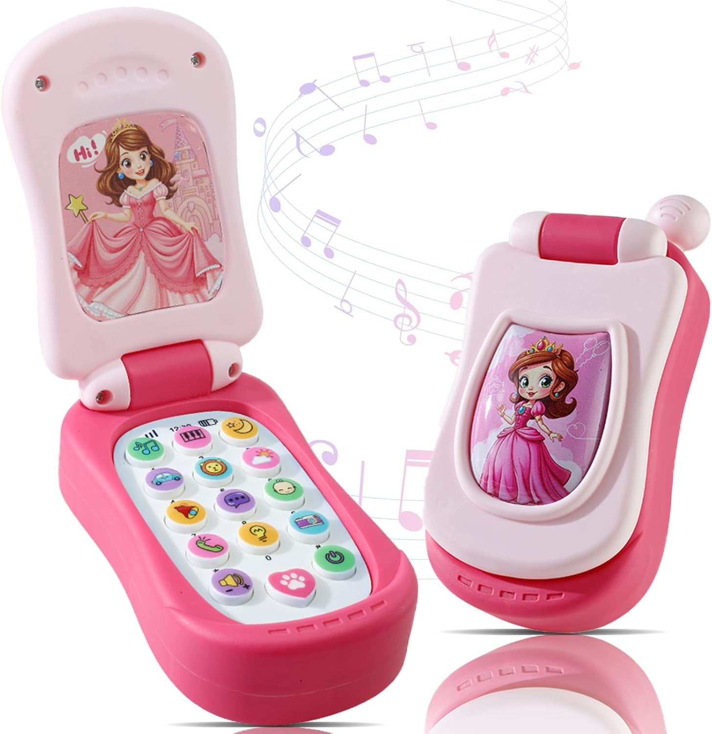 FENYAN Baby Cell Phone Toy 12-18 Months, Preschool Learning Toddler Play Phone with Light, Music and Household Encyclopedias for Girl 1-3, Christmas Birthday Gifts Princess Flip Smartphone Toys