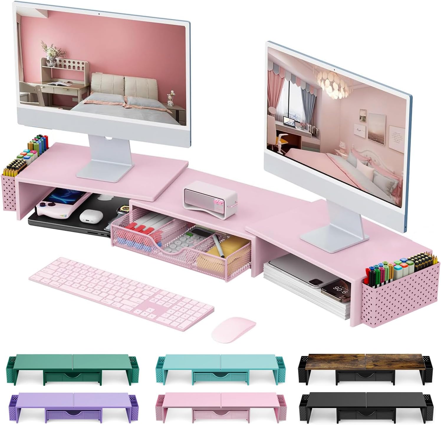 gianotter Dual Monitor Stand Riser, Desk Organizer With Drawer and 2 Pen Holders,Desk Organizers and Accessories, Pink Office Supplies (Pink)