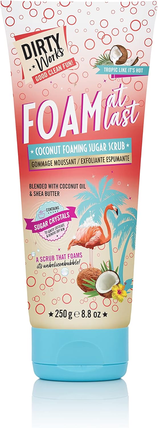 Dirty Works Tropic Like It's Hot Coconut Foaming Sugar Scrub 250g - Exfoliating Body Scrub with Coconut Scent, Moisturising Sugar Scrub, Tropical Foaming Exfoliator for Smooth & Soft Skin