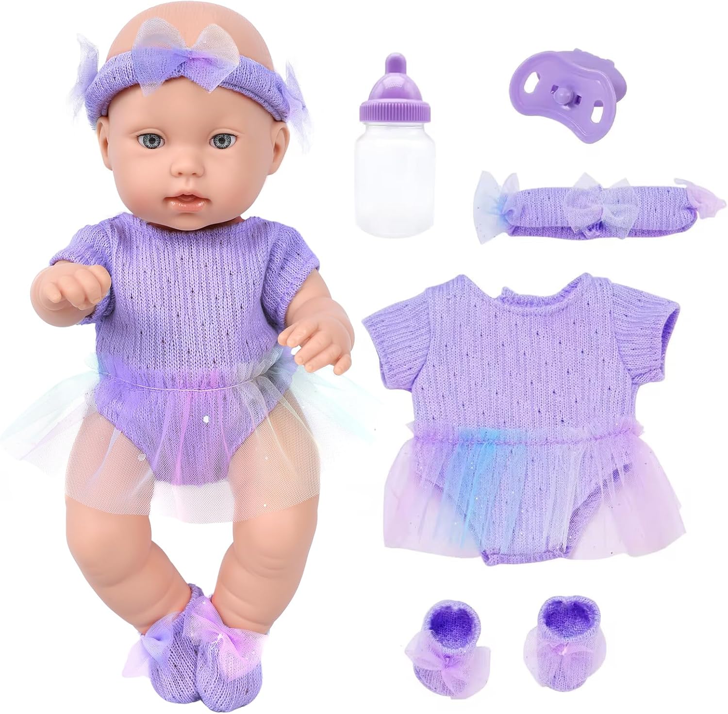 12" Purple Girls Baby Doll with Accessories and Clothes Playset,Newborn Alive Baby Dolls Feeding Care Set Include Bottle and Nipple Toy Stuffs for Baby Toddler Ages 3+