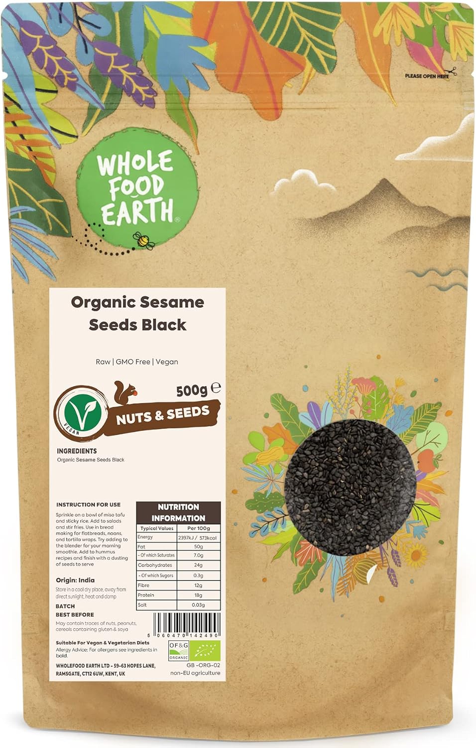Wholefood Earth Organic Sesame Seeds Black 500g Raw | GMO Free | Vegan | Certified Organic