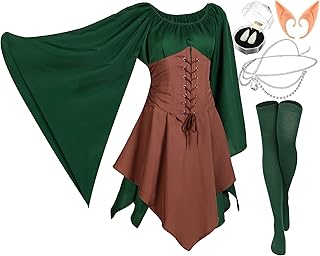 Jadive 5 Pcs Women Elf Renaissance Medieval Dress Traditional Irish Fairy Viking Costume Elf Ear for Halloween Cosplay