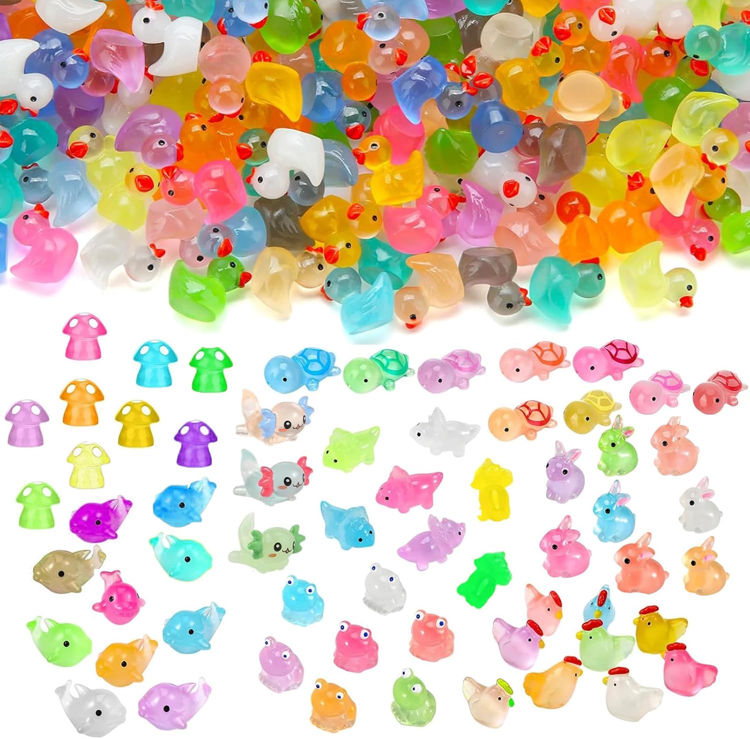 Mini Resin Animals, 120PCS Luminous Tiny Resins Animals Mixed Plastic Figures for Micro Landscape Resin Ducks, Turtles,Chicken,Frogs, Rabbits, Dinosaurs, Mushrooms, Dolphins