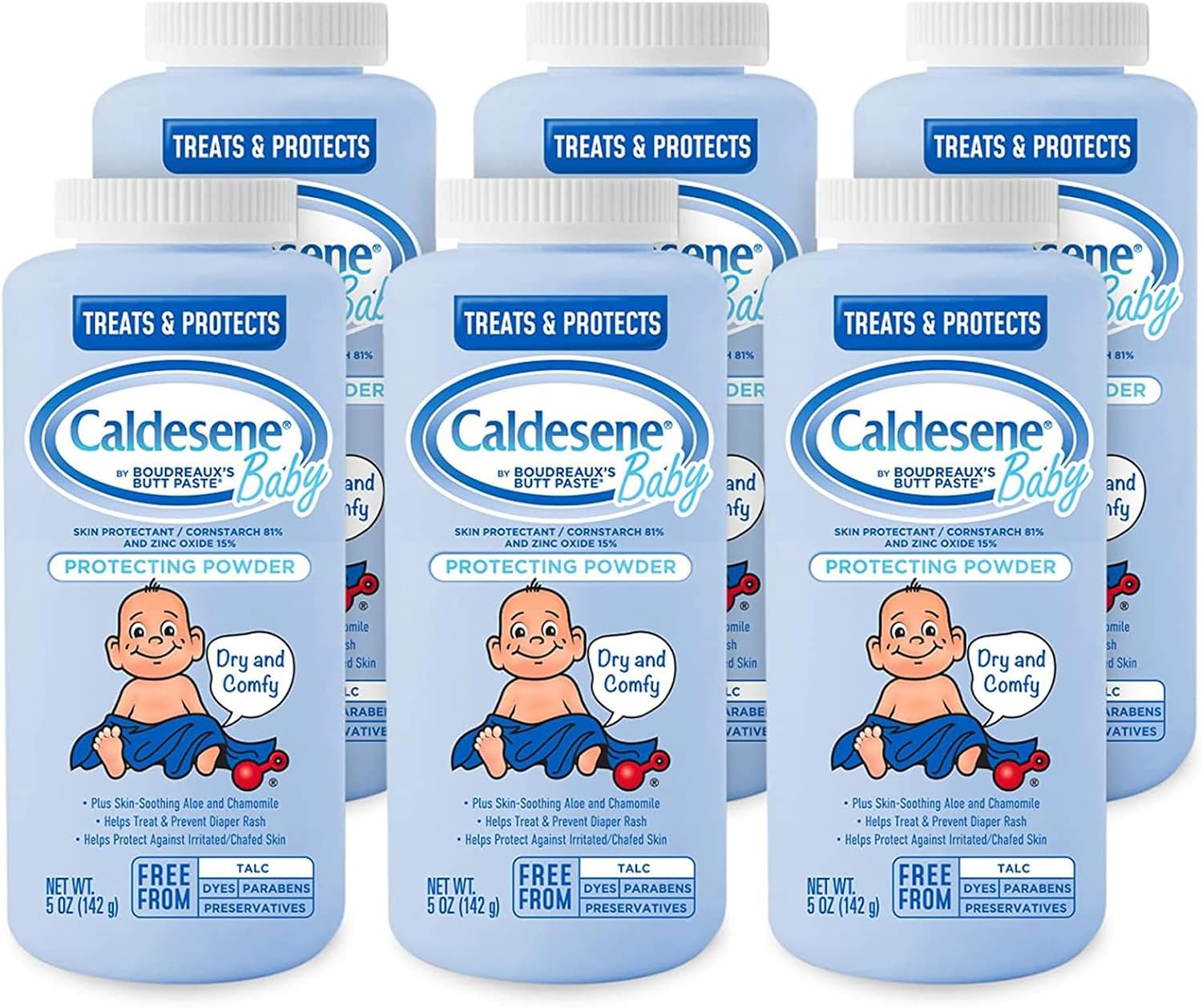 Caldesene Cornstarch Baby Powder with Zinc Oxide, Talc-Free Baby Powder, 5 Oz, 6 Pack
