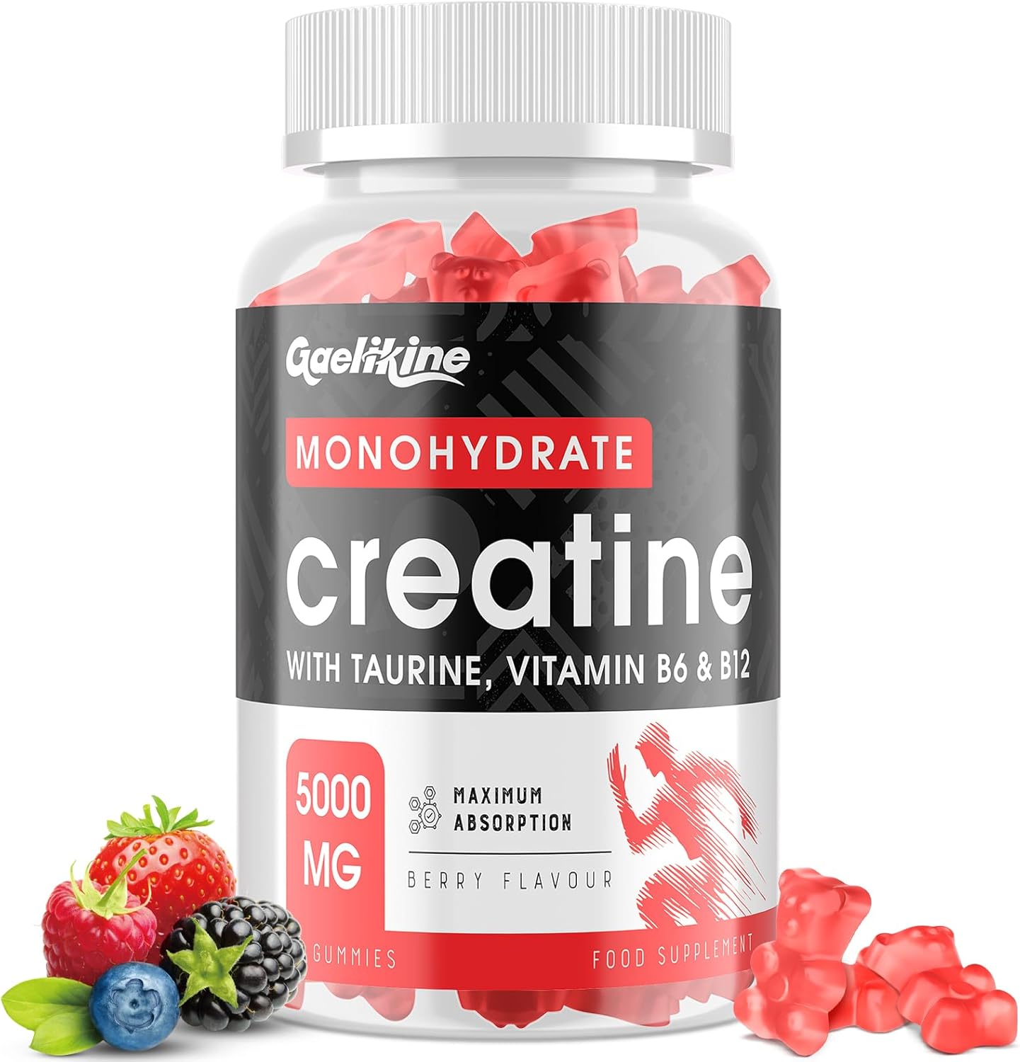 Gaelikine Creatine Monohydrate Gummies 5000mg, Max Strength with L-Taurine, B12 & B6, Creatine Gummies for Men & Women, Easy Pre Workout Muscle Growth Supplement, Berry Flavor, 60 Count (Pack of 1)