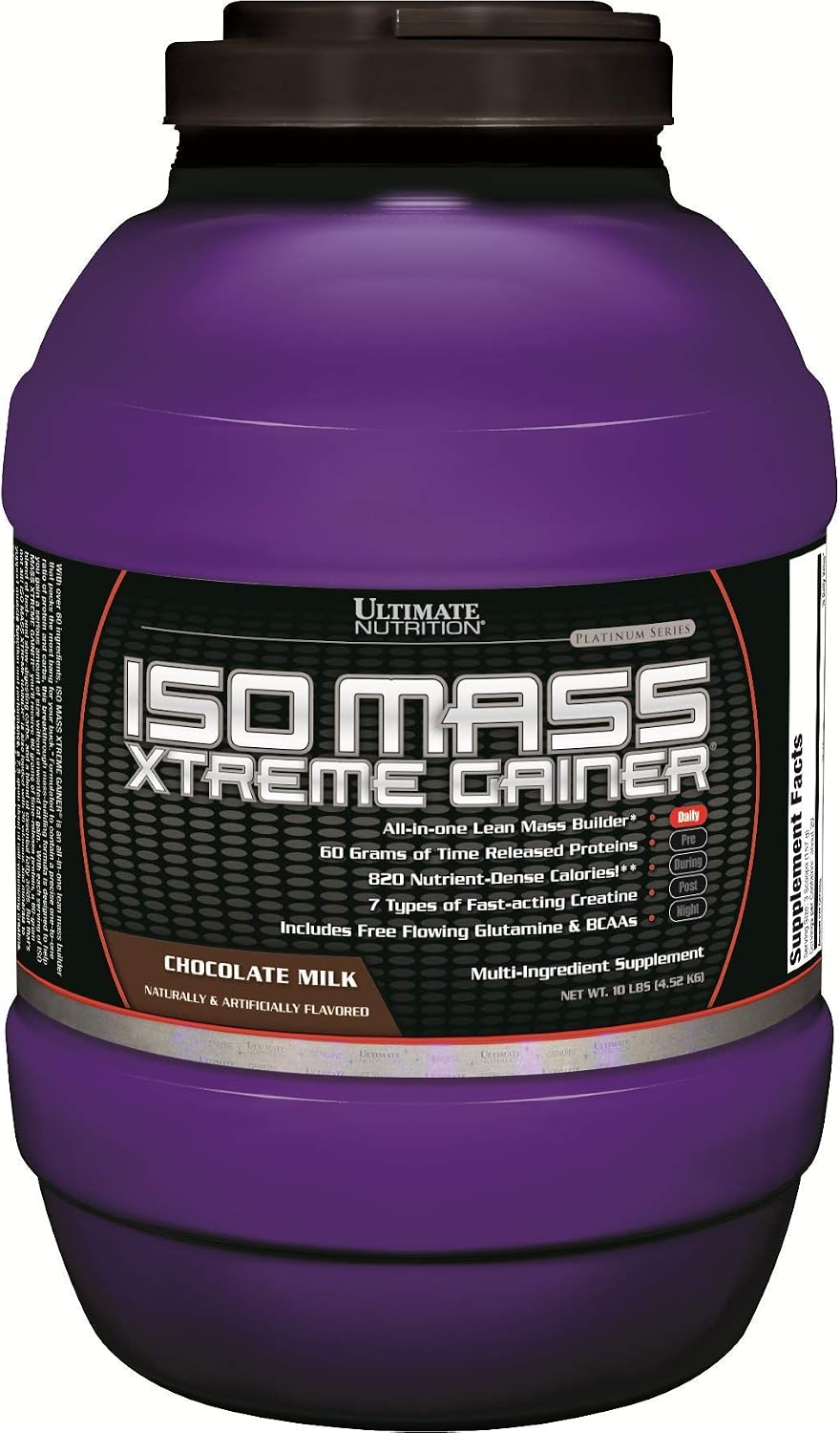 Ultimate Nutrition ISO Mass Xtreme Gainer, Weight Gainer Protein Powder with Creatine, 60 Grams of Protein, Whey Isolate Protein Powder for Lean Muscle Gain, 10 LBS with 30 Servings, Chocolate