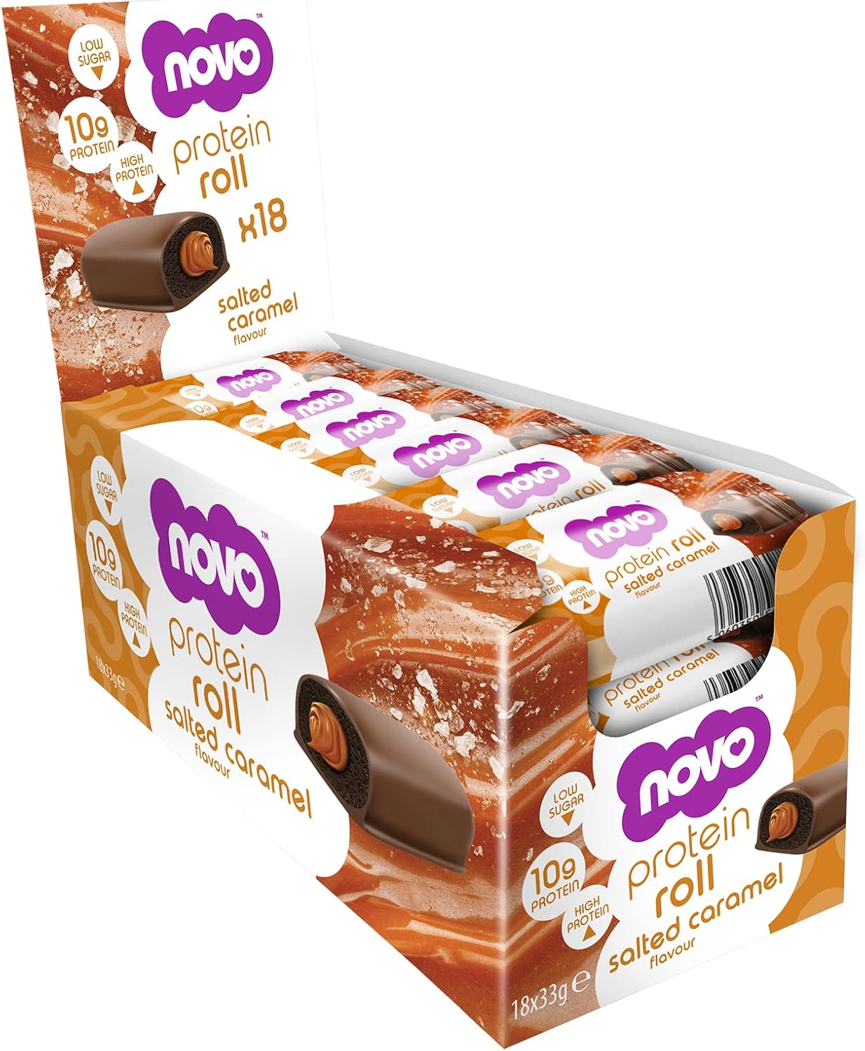 Novo Nutrition Protein Rolls | High Protein Roll Bar, Healthy Snack, Protein Bar Alternative | Suitable for Vegetarians | Pack of 18 x 33g (Salted Caramel)