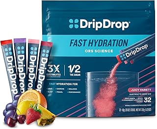 DripDrop Hydration Juicy Variety Pack Electrolyte Drink Mix Single-Serve Powder Packets- Grape, Fruit Punch, Strawberry Lemonade, Cherry - 32 Servings