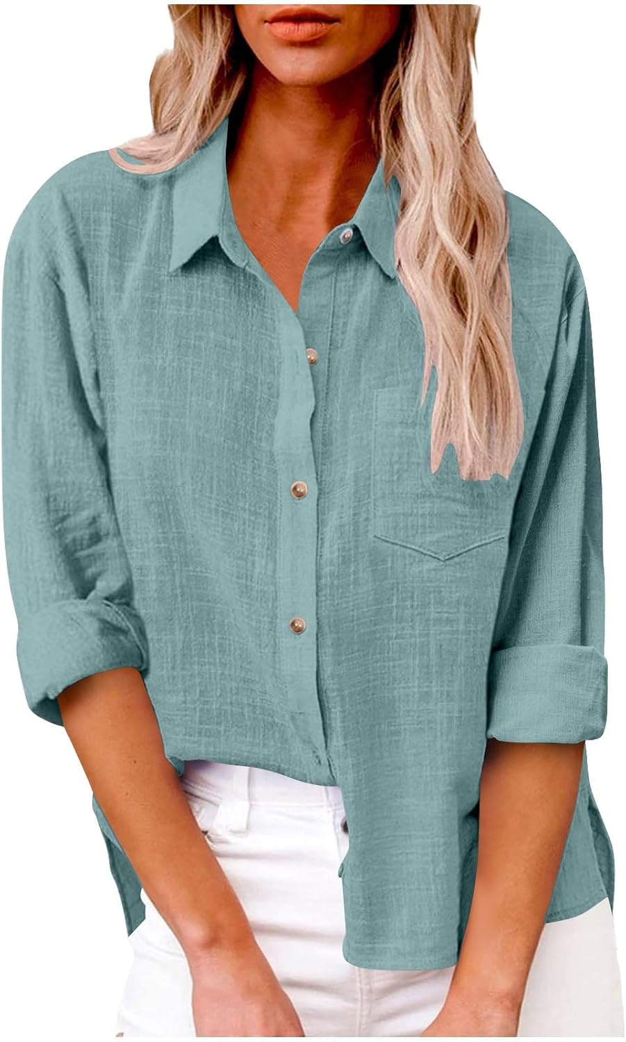 Womens Long Sleeve Shirt Tops Casual Button Down Cotton Linen Shirts Summer Blouses V Neck Roll Up Collared Loose Oversized Tees Dressy Blouse Office Work Ladies Tops Plus Size 8-22
