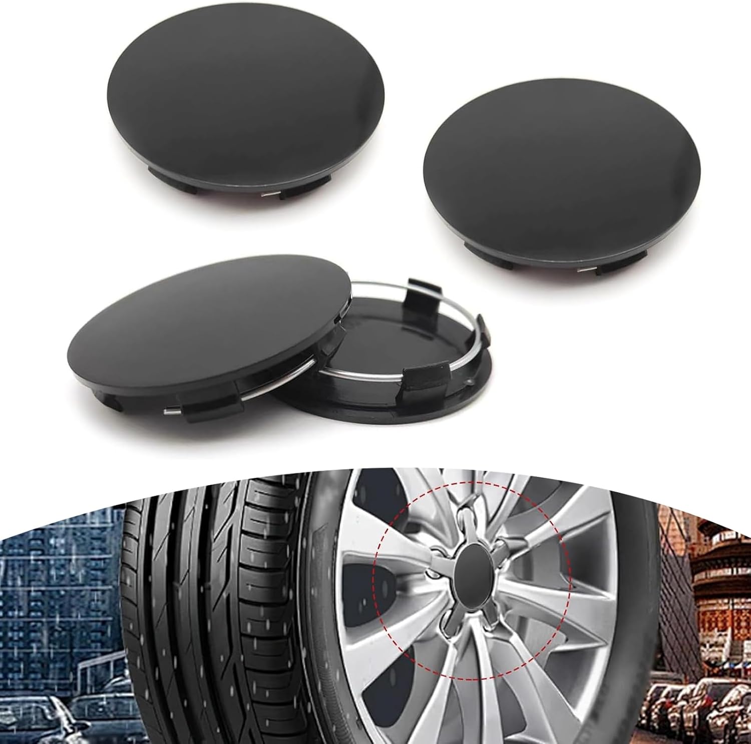 4 Pack Car Wheel Center Hub Caps, ABS Rust-Proof Center Caps for Rims, Vehicle Rim Hub Caps Accessories, 2.36" OD 2.2" ID Tight Fitting Snap-on Wheel Hub Modified Dust Protection Cover (Black)