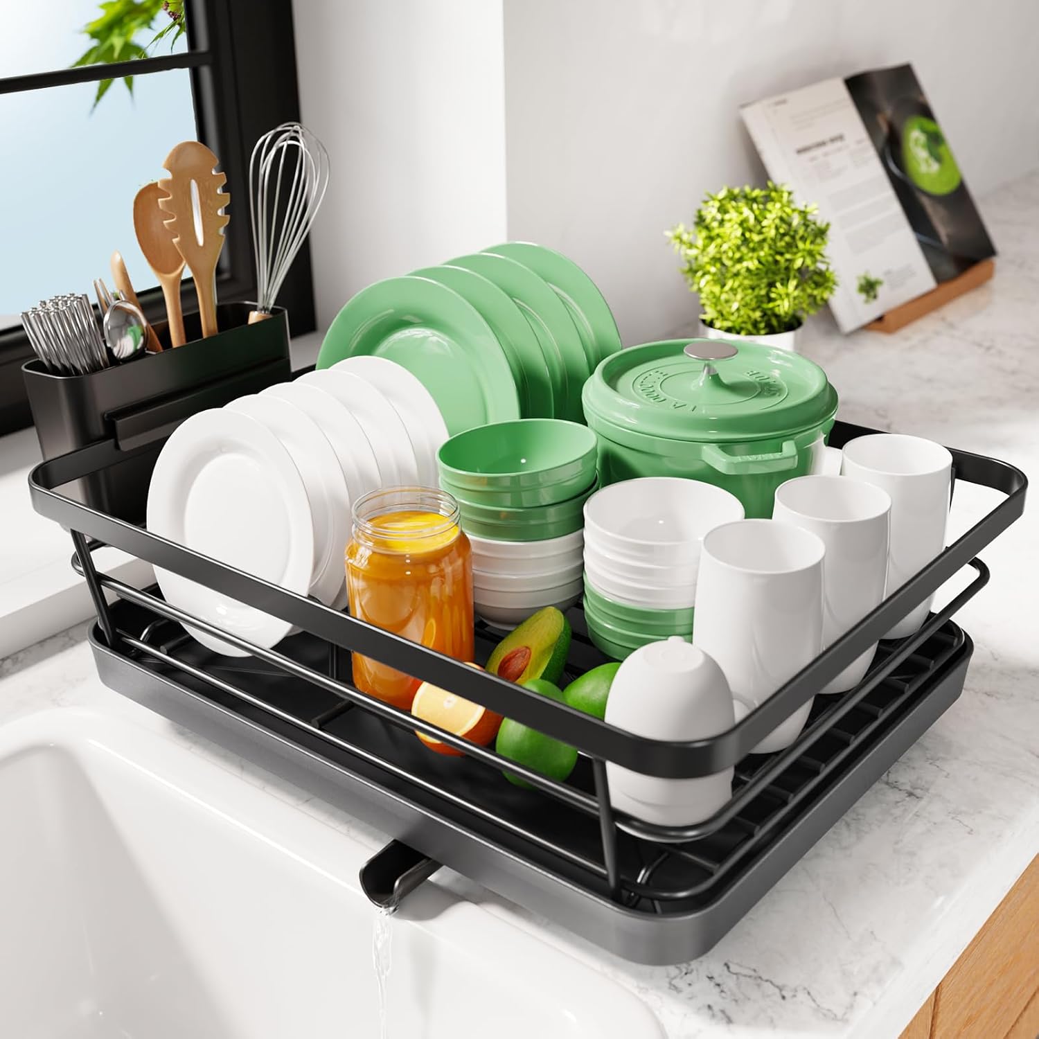 Kitsure Dish Drying Rack- Space-Saving Dish Rack, Dish Racks for Kitchen Counter, Stainless Steel Kitchen Drying Rack with a Cutlery Holder,12''W x 15''L, Black