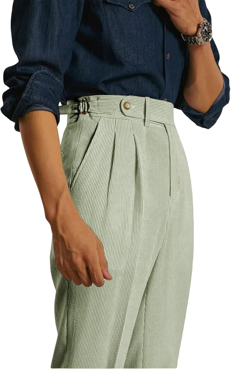 Men's Seersucker Casual Suit Pants Classic Fit Gurkha Dress Pant Spring Summer Beach Striped Trousers for Men