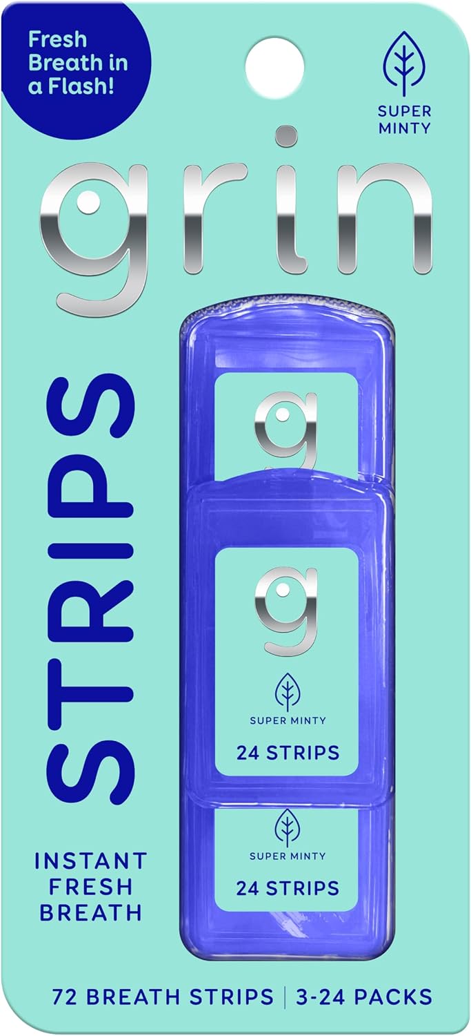 GRIN Super Minty Breath Strips Instant Breath Freshener Strips, Sugar-Free Dissolving Mint Strips, No Water Needed, Portable Pocket Cases, Super Mint Flavor, 72 Count (3 x 24)