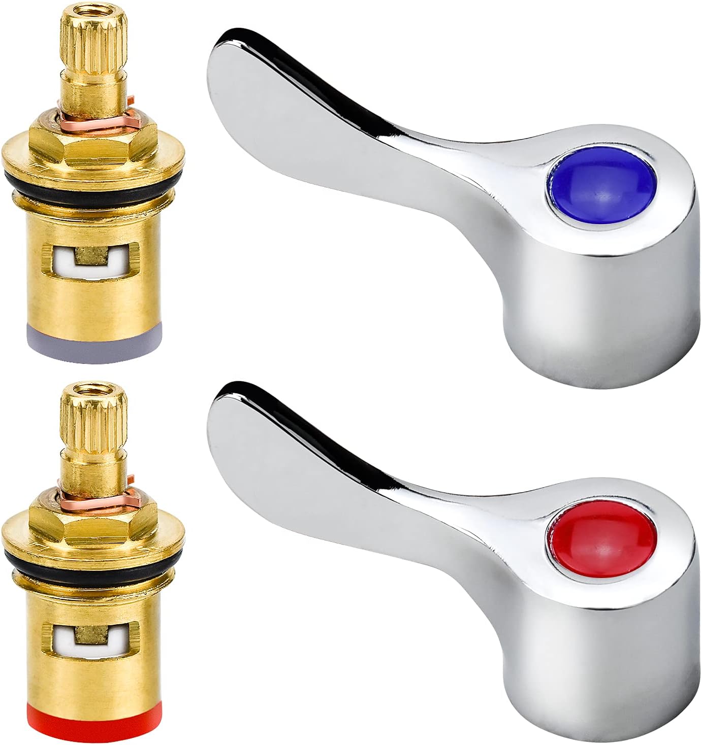 NathrBTV 2 Pcs Replacement Tap Valves Brass Ceramic Disc Cartridges Insert Set Quarter Turn 1/2" Inner Faucet Valve with 2 Metal Lever Heads for Kitchen Bathroom Tap Replacement