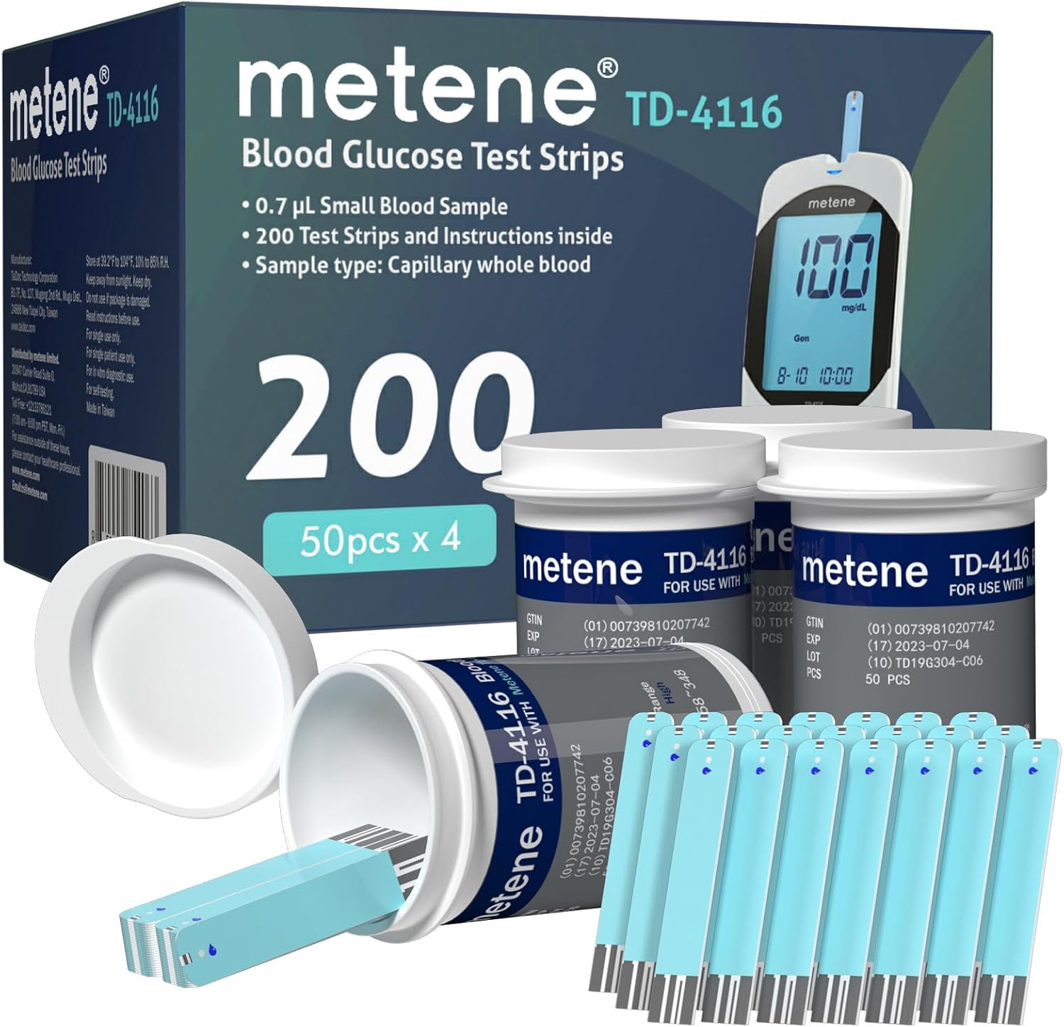 Metene TD-4116, 200 Count Test Strips for Diabetes, Use with metene TD-4116 Blood Glucose Monitor Only