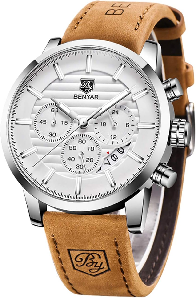 BENYAR Quartz Chronograph Waterproof Watches Business and Sport Design Leather Band Strap Wrist Watch for Men