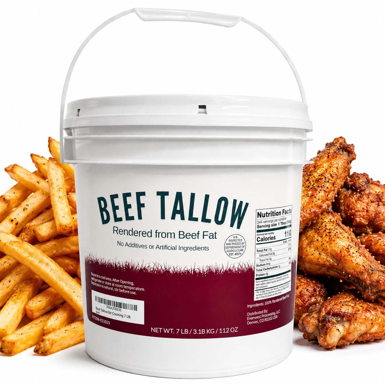 Beef Tallow 7 LB Bulk Pail with Safety Seal for Cooking, No Preservatives | Rendered beef fat, high smoke point, for frying, searing, roasting, sauteing, home cooks, meal preppers, kitchen essential