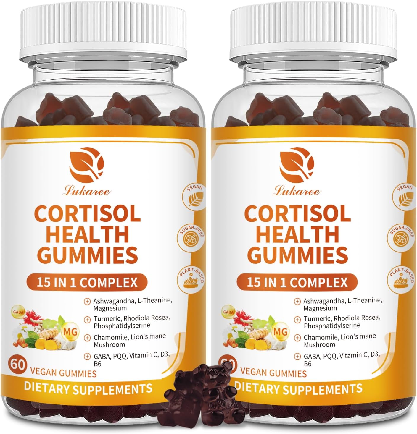 Cortisol Supplements for Women & Men, 15-in-1 Calm Cortisol Gummies with Ashwagandha, Magnesium, L-theanine, GABA, Phosphatidylserine, Vitamin C, D3, B6 for Mood, Sleep, Focus Support - Vegan, 2 Pack